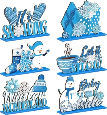 Suzile 6 Piezas Invierno Madera Mesa Decoraciones Copo de Nieve Muñeco de Nieve Invierno, Azul  Foto 1 de 4
