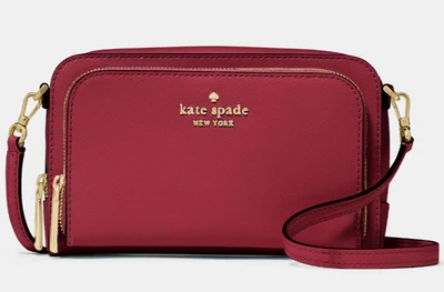 Bandolera Kate Spade Doble Cremallera Alrededor Rojo Oscuro Cuero Saffiano KG036 NUEVA CON ETIQUETAS $259 Foto 1 de 4