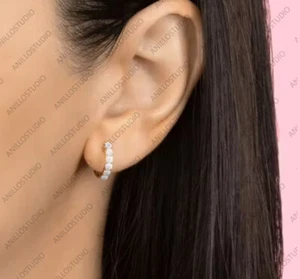 Natural Rainbow Moonstone Cartilage Hoops, 14k Yellow Gold Tiny Huggies Earrings - Picture 1 of 4