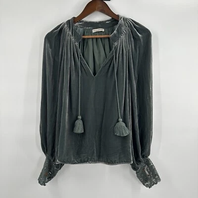 Blusa Ulla Johnson Mujer 2 Verde Terciopelo Manga Globo Encaje Borla Seda Agave Foto 1 de 4