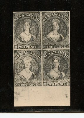 New Zealand #2 (N027) Block of 4, black proof on cardboard, MNH, VF - Image 1 of 2