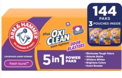 144 PAK ARM & HAMMER Plus OxiClean Odor Blasters 5-in-1 Laundry Detergent