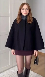 ZARA BLACK WOOL MANTECO PONCHO COAT CAPE BLAZER COAT SIZE XS - Picture 1 of 4