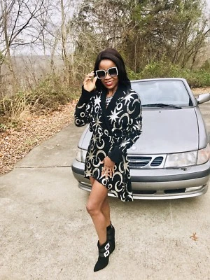 Rare Designer Marc Bouwer Black & Sequin Flared High Low Long Sleeve Dress 00-S - Image 1 of 4