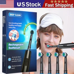 Rotating Electric Toothbrush Rechargeable With 4 Brush Heads 5 Modes Timer US - Picture 1 of 19