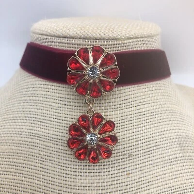 Red Velvet Choker Ribbon Necklace Gothic Burlesque Ruby Red Flower Jewelry Retro - Image 1 of 4