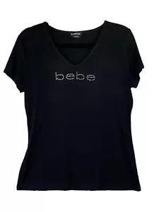 bebe Damen Teenager Größe M Top schwarz weich Strick Doppel Logo in Kunst Edelstein - Bild 1 von 8