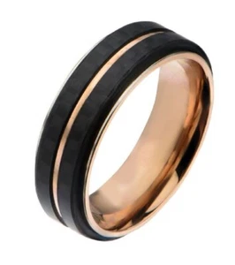 Inox Mens Rose Gold IP Double Line Carbon Fiber Ring Size 11 - Picture 1 of 4