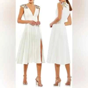 Ieena Mac Duggal White Plunge Neck Beaded Shoulder Midi Dress Sz 14 $498 - Picture 1 of 1