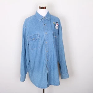 Basic Editions Blue Denim Snowman Button Down Casual Shirt Women's M Long Sleeve - Picture 1 of 7