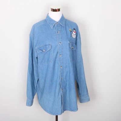 Basic Editions Blue Denim Snowman Button Down Casual Shirt Women's M Long Sleeve - Image 1 of 4