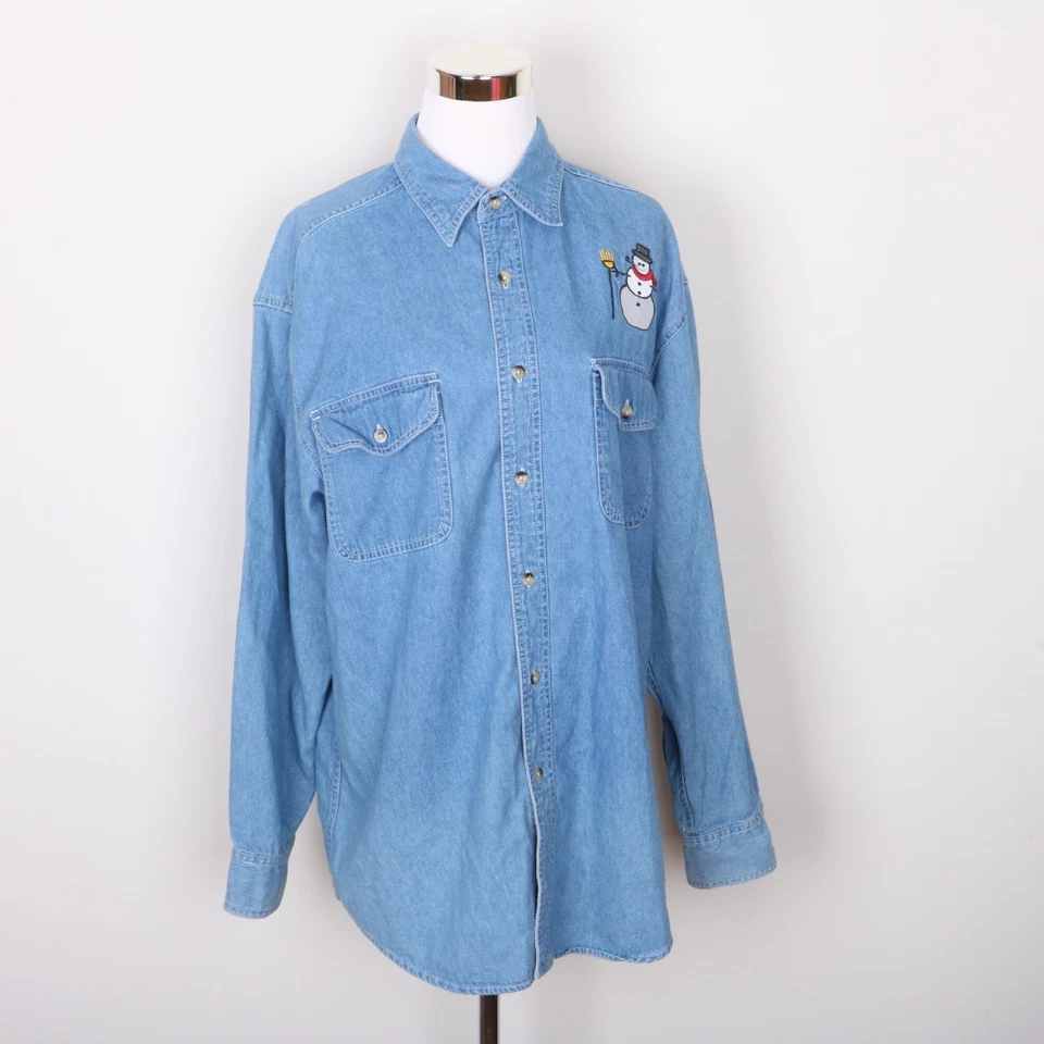 Basic Editions Blue Denim Snowman Button Down Casual Shirt Women's M Long Sleeve - Image 1 of 4