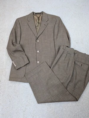 Костюм мужской 42S 34 x 25 желтовато-коричневый шерсти льна 2 изделия куртка брюки винтажный 3 кнопки коричневый - Изображение 1 из 4