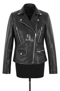 Damen Brando Biker Star Mode weiche schwarze klassische Echtleder Jacke Audrey - Bild 1 von 6
