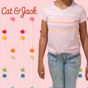Cat & Jack Girls Colorful Striped Short Sleeve V-Neck T-Shirt Light Pink 10-12 L - Picture 1 of 8