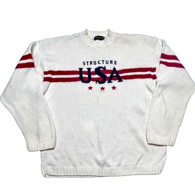 Structure USA Off White Knit Sweater Red Blue Stripes Sz XL - Image 1 of 4