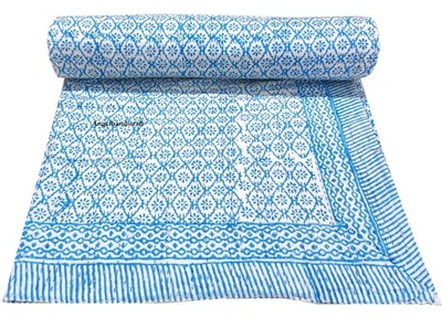 Indian Handmade Cotton Kantha Quilt Hand Block Print King Size Bedspread Blanket - Image 1 of 4