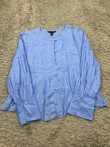 Banana Republic Top Damen groß blau Ramie Biesen Bluse Plissee französische Manschette - Bild 1 von 9