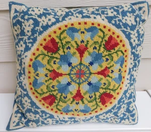 Tulip Needlepoint Square Pillow Blue Velvet Back 13" by 13" Handmade Free Ship - Picture 1 of 8