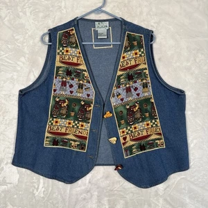 THE QUAKER FACTORY Women Denim Vest Sz 1X BEST FRIENDS Button Covers Grannycore - Picture 1 of 13