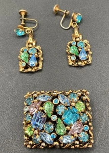Unsigned Borclay Blue And Green Uranium Glass Brooch And Earring Set - Picture 1 of 7