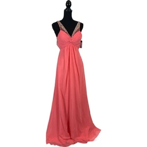 Faviana Perlen Chiffon Kleid GRÖSSE 0 Pfirsich Formell Abschlussball Pagent Strass $ 395 NEU - Bild 1 von 7