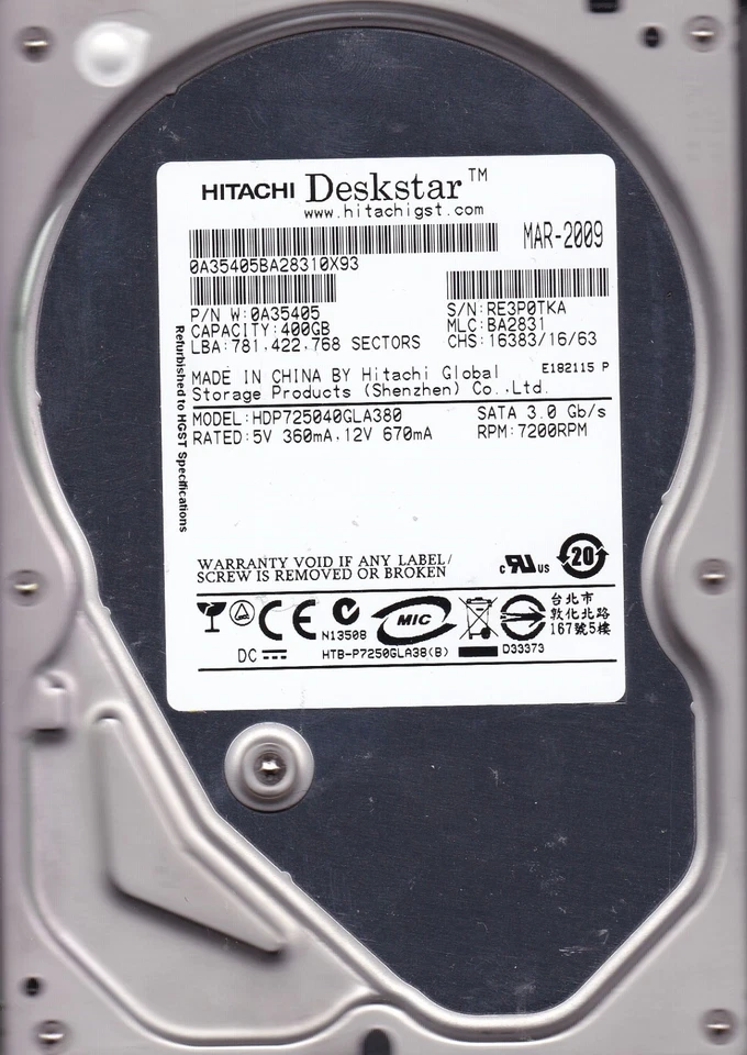 Hitachi HDP725040GLA380 400Gb mlc BA2831  p/n 0A35405 A13-10 - Image 1 of 2
