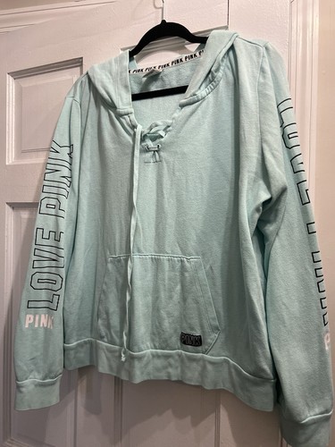 UNDERCOVER Felpa con cappuccio Victoria's Secret turchese cravatta davanti manica lunga taglia large ..Times 2