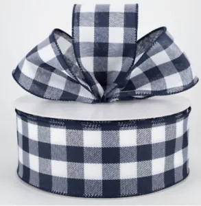 Ribbon Navy and white Buffalo Plaid 2.5” x 6 yards Buffalo Check Wired Edge - Picture 1 of 3