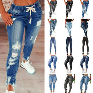 Plus Size Womens Denim Pants Ripped Jeans Ladies Skinny Slim Stretchy Leggings