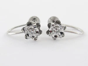 14k White Gold Diamond Screw Back Huggie Flower Earrings - Picture 1 of 5