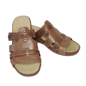 Rockport Wedge Slide Sandal 9 Brown Leather Smooth w/ Snake Texture Straps - Picture 1 of 8