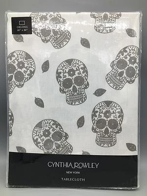Cynthia Rowley Sugar Skull Tablecloth Silver Shimmer Halloween Day of Dead 60x84 - Image 1 of 4
