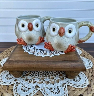 Pair of Fitz & Floyd Spotted Owl Pottery Mugs Vintage Hand Painted Fall Decor - Image 1 of 4