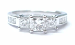 Fine Princess Cut Diamond Three Stone Engagement White Gold Ring 1.04Ct - Picture 1 of 6
