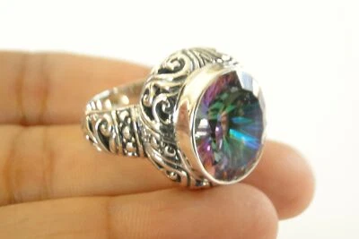 Anillo solitario topacio místico ornamentado de plata de ley 925 talla 6 7 8 9 Foto 1 de 4