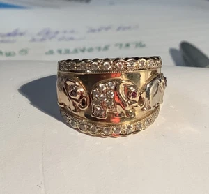 WIDE BAND ELEPHANT TRICOLOR 14K YELLOW GOLD BAND RING WITH CZ BORDER - Picture 1 of 7
