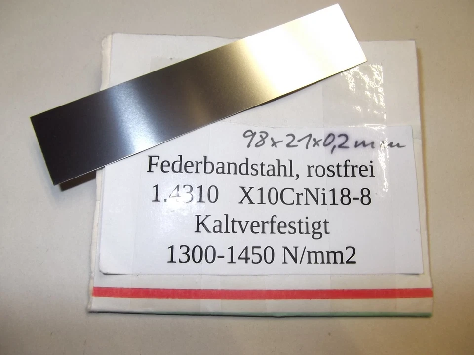 Federbandstahl, Federblech, inox, 1.4310, 98x21x0,2mm   Lieferzeit 2-4 Werktage - Bild 1 von 1