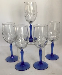 Libbey Wine Glasses Cobalt Blue Stem Clear Swag Draped Bowl Set of 5 Vintage - Picture 1 of 10