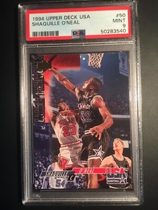 RARE! 1994 UD SHAQUILLE O'NEAL #50 BLOCKING MICHAEL JORDAN - PSA 9 - HOF LOW POP