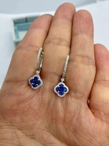 3.00 Carat Round Sapphire & Moissanite Dangle Drop Earrings 14K White Gold FN - Picture 1 of 7
