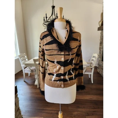 Ruby Cho Cardigan Sweater S Gold Black Fur Embellished Button Down Artsy Zebra - Image 1 of 4