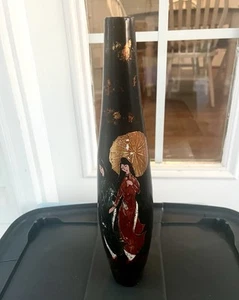 Vintage Wood Chinese Vase, Black & Gold Laquer! 13.5” H x 3” W - Picture 1 of 3