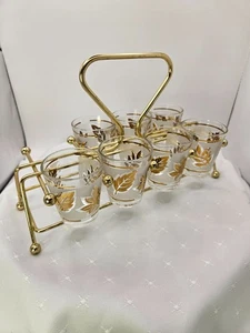 Vintage MCM 7 Frosted Shot Glasses Gold Foliage with Carrier Caddy - Picture 1 of 13