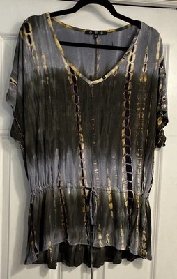 Moneda 1804 1X Camisa Marrón Gris Negro Tie Dye Cuello en V Cordón Cintura Coachella Foto 1 de 4