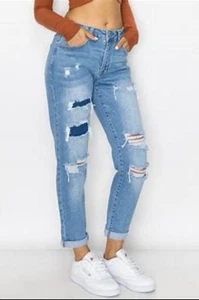 Nuevos pantalones de mezclilla para mujer WAX JEAN Boyfriend destruidos lavado medio elásticos 90257 talla 3/26 - Imagen 1 de 1