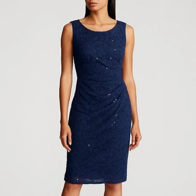Lauren Ralph Lauren NWT Navy blue sleeveless Sequin Lace Ruched Dress, sz 8 - Image 1 of 4