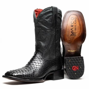 NUEVO Marco Milano Exótico Western Botas de Vaquero Zapatos Cuero Pitón Genuino Negro - Imagen 1 de 5