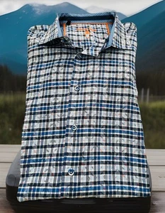Luciano Visconti Designer Mens Sz XLT BLUE NAVY LEAF PLAID Cotton Shirt - Picture 1 of 12
