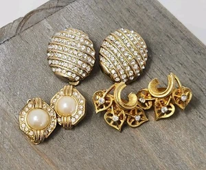 Three Pairs Vintage Gold Tone Crystal Rhinestone Clip-on Earrings Unsigned Lot - Bild 1 von 12